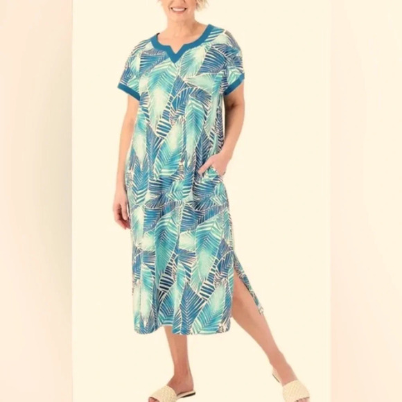 Stan Herman The Hamptons 100% Cotton V-Neck Caftan Aqua/Palm Size L Loungewear - Picture 1 of 8